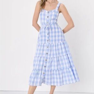 Lulu’s Idyllic Image Blue Plaid burton up mid dress with pockets M